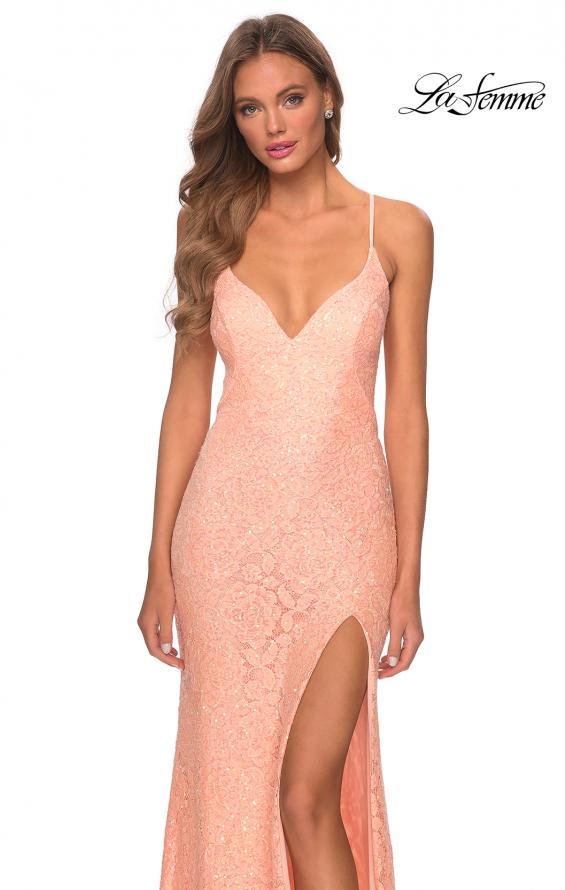 Picture of: Sequin Lace Prom Dress with Plunging Neckline in Peach, Style: 28359, Detail Picture 8