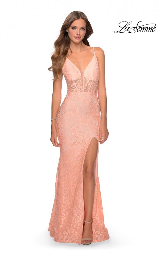 Picture of: Floor Length Lace Prom Dress with Sheer Bodice in Peach, Style: 28591, Detail Picture 9