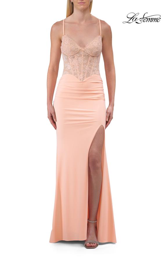 Green Picture of: Lace Bodice Fitted Gown with Slit and Open Crisscross Back in Peach, Style: 33386, Detail Picture 10