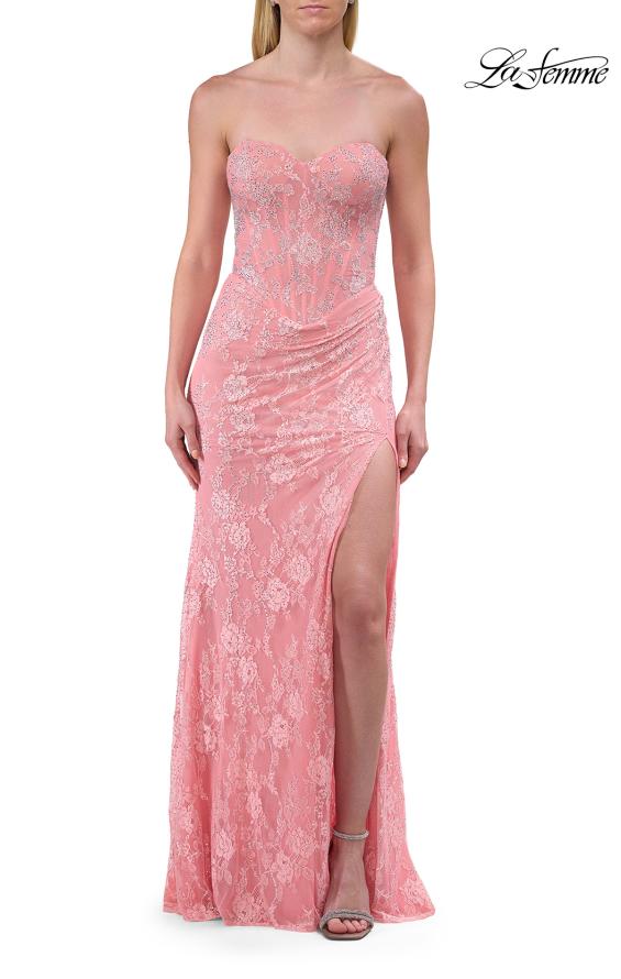 Picture of: Strapless Lace Corset Gown with Slit and Lace-Up Back in Peach, Style: 33768, Detail Picture 10