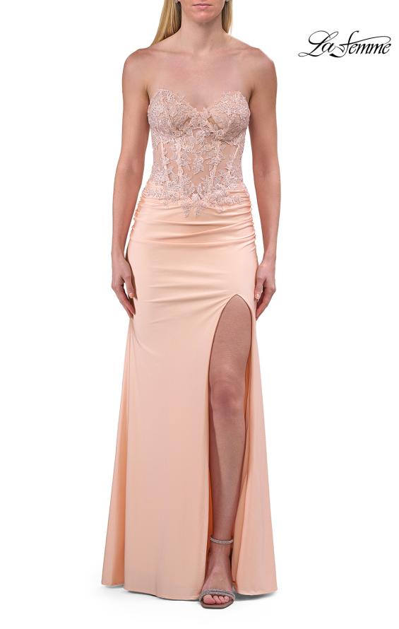 Picture of: Strapless Rhinestone Corset Gown with High Slit in Peach, Style: 33526, Detail Picture 13