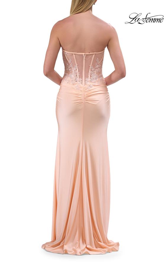 Picture of: Strapless Rhinestone Corset Gown with High Slit in Peach, Style: 33526, Detail Picture 14