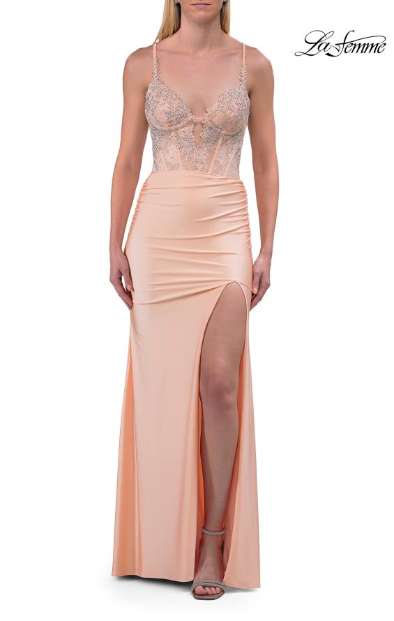 Picture of: Lace Corset Gown with High Slit and Lace-Up Back in Peach, Style: 33505, Detail Picture 17