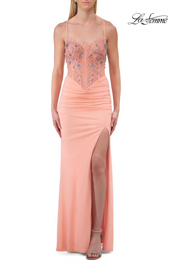 Picture of: Embroidered Corset Gown with Sheer Bodice and High Slit in Peach, Style: 33783, Detail Picture 19