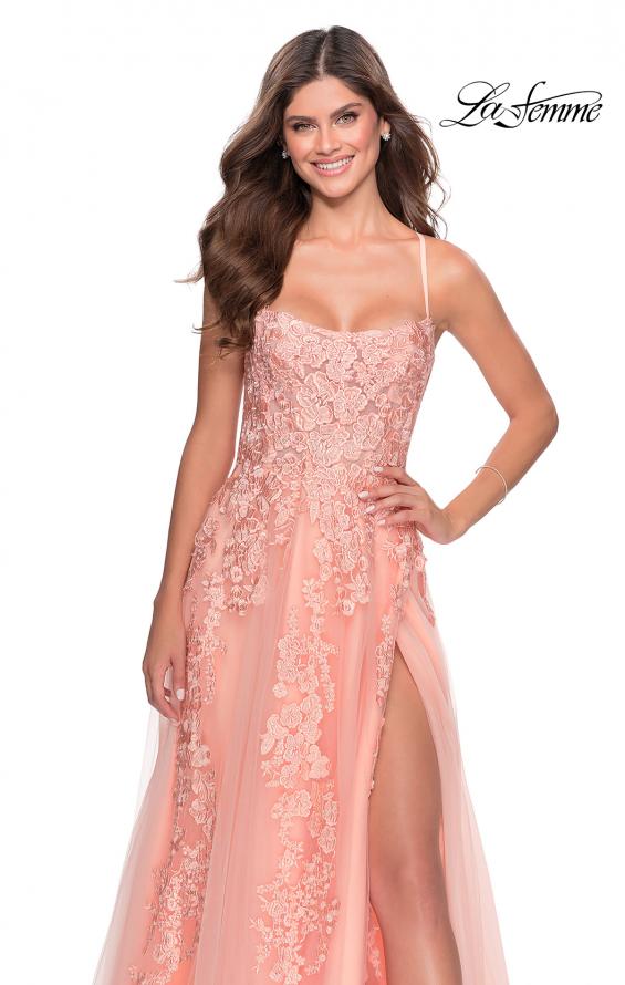 Picture of: A-line Prom Dress with Cascading Lace Detail in Peach, Style: 28503, Detail Picture 1
