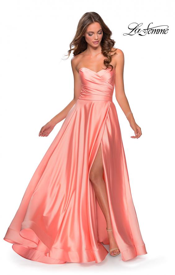 Picture of: Strapless Satin Gown with Pleated Bodice and Slit in Peach, Style: 28608, Detail Picture 1