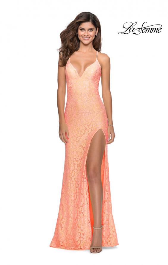 Picture of: Sequin Lace Prom Dress with Plunging Neckline in Peach, Style: 28359, Detail Picture 3