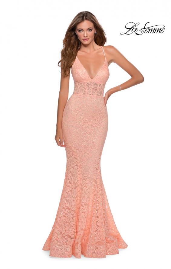 Picture of: Sequin Lace Mermaid Prom Dress with Sheer Bodice in Peach, Style: 28647, Detail Picture 3