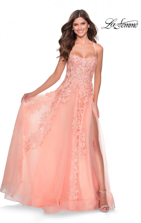 Picture of: A-line Prom Dress with Cascading Lace Detail in Peach, Style: 28503, Detail Picture 4