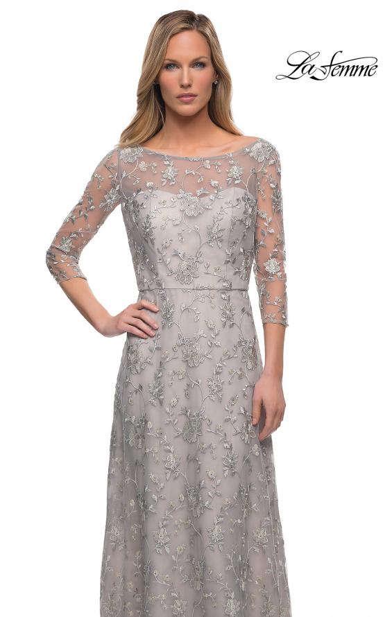 Picture of: Lace Dress with Three-Quarter Sleeves and Illusion Neckline in Pearl Silver, Main Picture