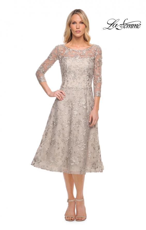 Picture of: Tea Length Dress with Full Skirt in Lace in Silver, Style: 30004, Main Picture