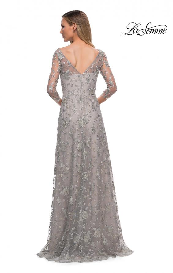 Picture of: Lace Dress with Three-Quarter Sleeves and Illusion Neckline in Pearl Silver, Back Picture