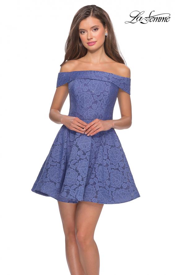 Picture of: Off the Shoulder Lace Fit and Flare Homecoming Dress in Periwinkle, Style: 28122, Main Picture