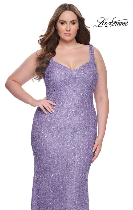 Picture of: Fitted Stretch Sequin Plus Size Dress with V Neck in Periwinkle, Style: 31163, Detail Picture 15