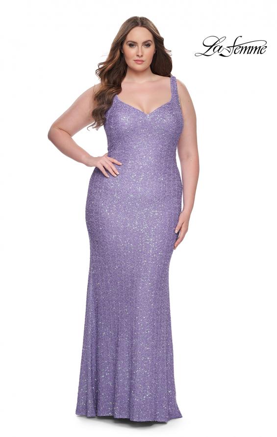 Picture of: Fitted Stretch Sequin Plus Size Dress with V Neck in Periwinkle, Style: 31163, Detail Picture 5