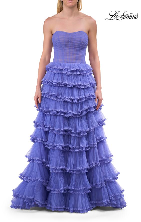 Picture of: Strapless Tiered Ruffle Tulle Gown with Slit in Periwinkle, Style: 33727, Detail Picture 9