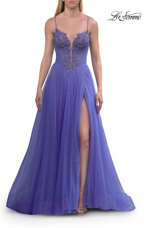 Picture of: Corset Tulle A-Line Gown with Lace Applique and Slit in Periwinkle, Style: 33860, Detail Picture 9