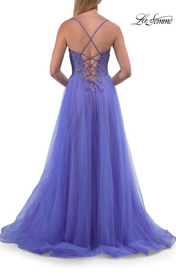 Picture of: Corset Tulle A-Line Gown with Lace Applique and Slit in Periwinkle, Style: 33860, Detail Picture 10