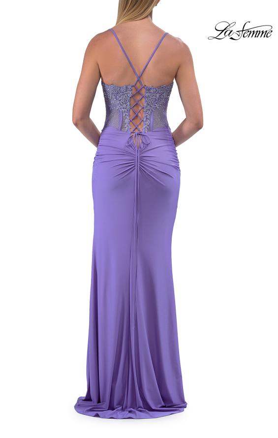 Picture of: Sheer Lace Corset Gown with High Slit and Lace-Up Back in Periwinkle, Style: 33808, Detail Picture 12