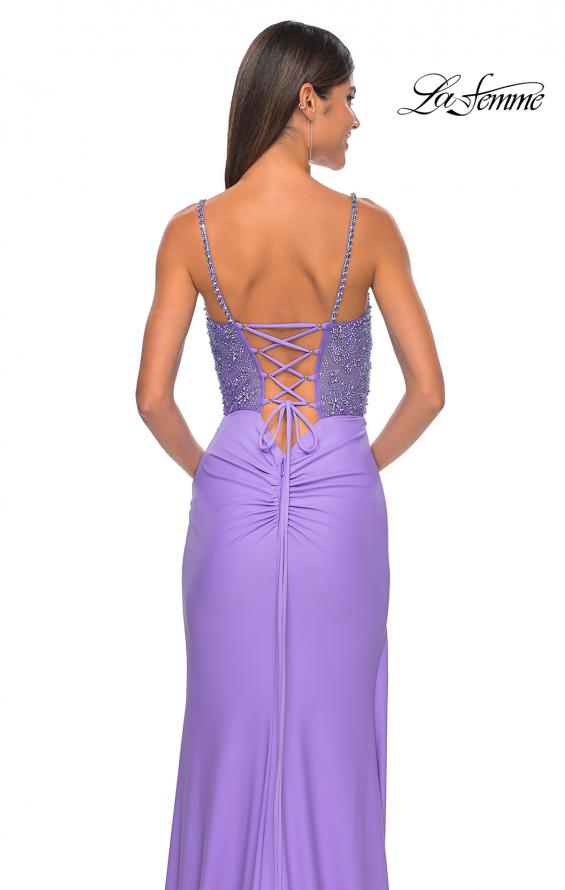 Picture of: Fitted Jersey Gown with Pretty Beaded Rhinestone Illusion Bodice in Periwinkle, Style: 32089, Detail Picture 2
