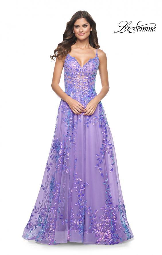 Picture of: Sequin Lace Print Tulle A-Line Prom Dress with Illusion Bodice in Periwinkle, Style: 32223, Detail Picture 3