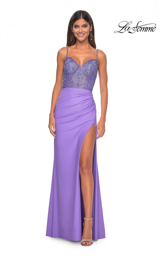 Picture of: Fitted Jersey Gown with Pretty Beaded Rhinestone Illusion Bodice in Periwinkle, Style: 32089, Detail Picture 5