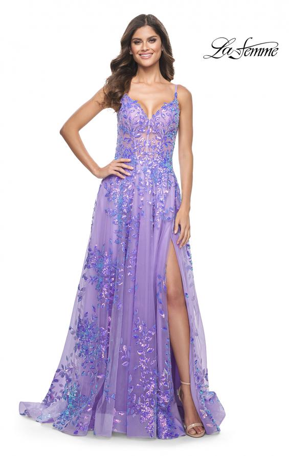 Picture of: Sequin Lace Print Tulle A-Line Prom Dress with Illusion Bodice in Periwinkle, Style: 32223, Detail Picture 5