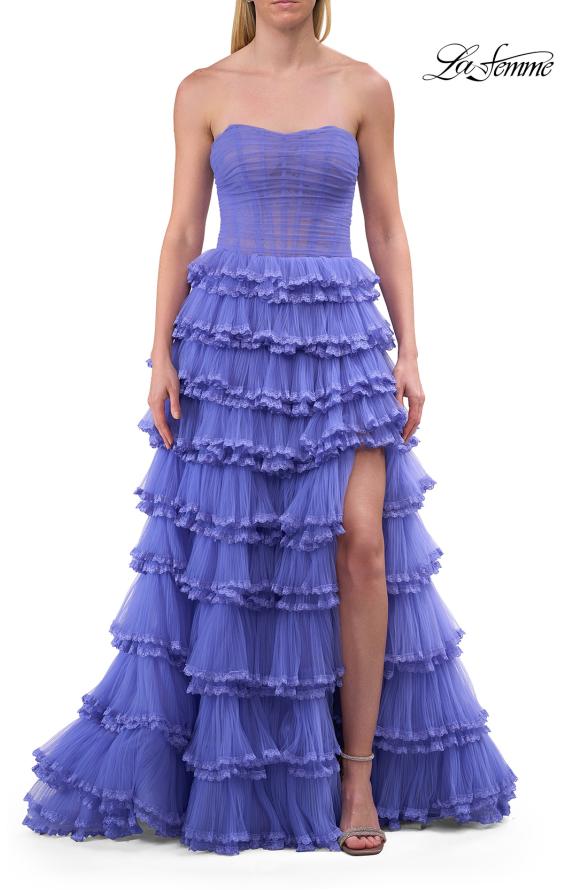 Picture of: Strapless Tiered Ruffle Tulle Gown with Slit in Periwinkle, Style: 33727, Detail Picture 7