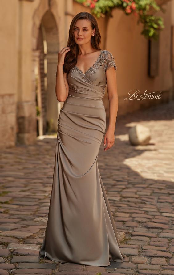 Brown Picture of: Ruched Satin Gown with Lace Cap Sleeves and Illusion Back in Pewter, Style: 32431, Main Picture