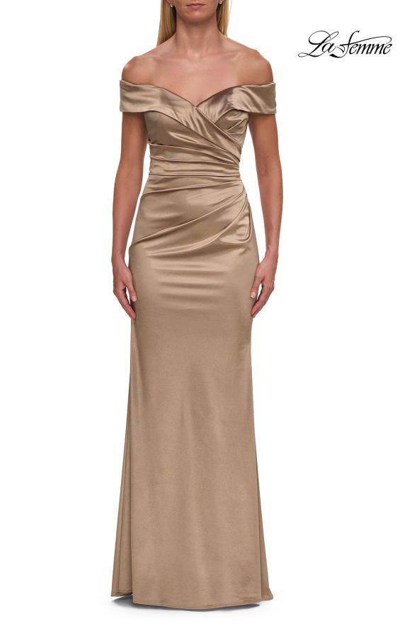Picture of: Off the Shoulder Stretch Satin Evening Dress in Pewter, Style: 31621, Detail Picture 5