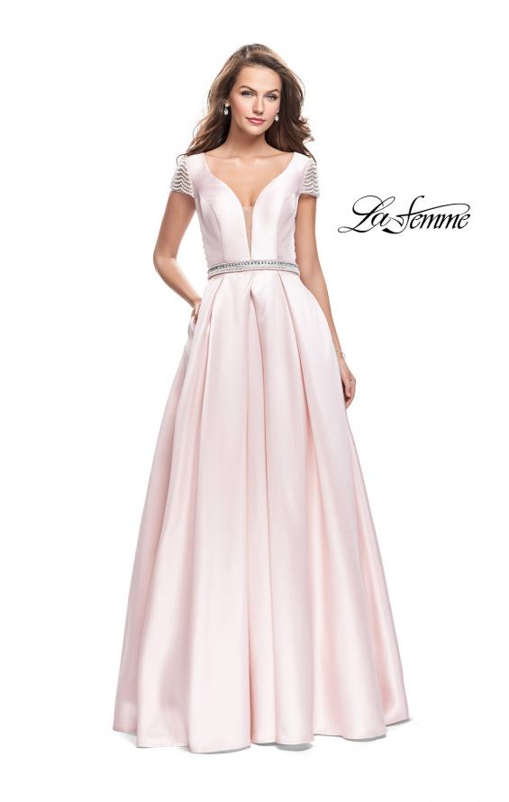 Picture of: Mikado Prom Dress with Pearl Beaded Cap Sleeves in Pink, Style: 26327, Main Picture