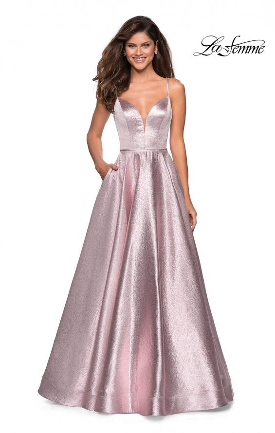 Picture of: Metallic Long Evening Gown with Plunging Neckline in Pink, Style: 27322, Main Picture