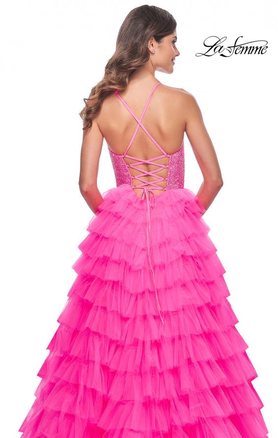 Picture of: Neon Tiered Ruffle Tulle Prom Dress with Rhinestone Embellished Bodice in Pink, Style: 32335, Detail Picture 15