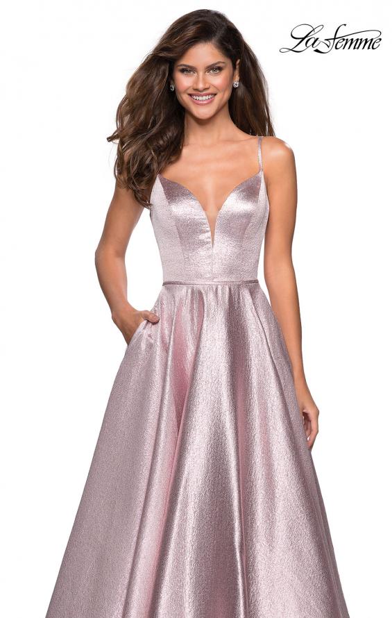 Picture of: Metallic Long Evening Gown with Plunging Neckline in Pink, Style: 27322, Detail Picture 2
