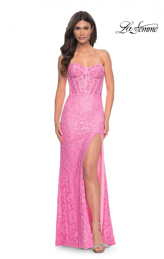 Picture of: Stretch Lace Dress with Bustier Bodice and Illusion Back in Pink, Style: 32298, Detail Picture 5
