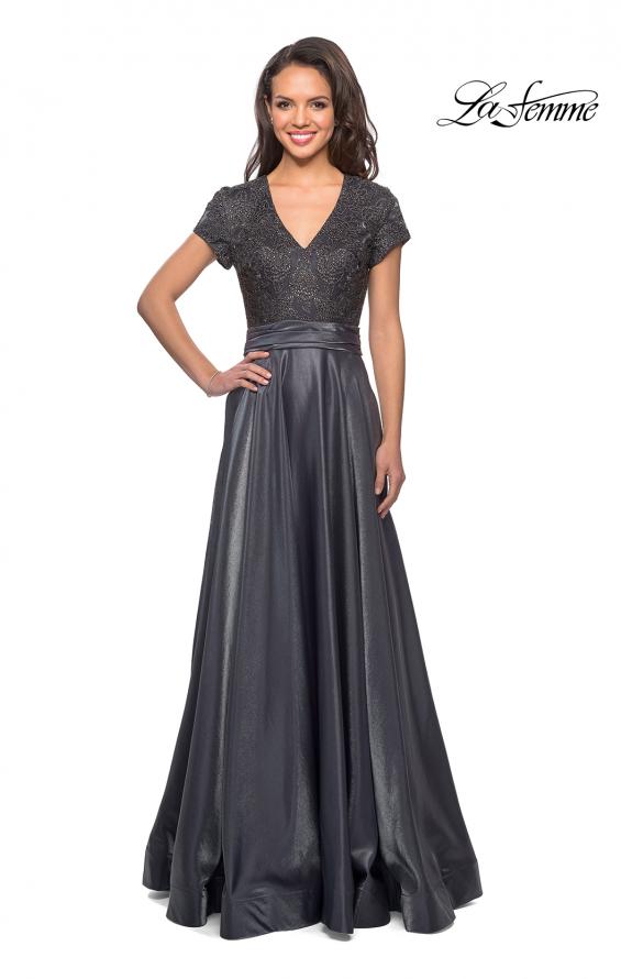 Picture of: Short Sleeve Satin Gown with Embellished Bodice in Platinum, Style: 26447, Main Picture