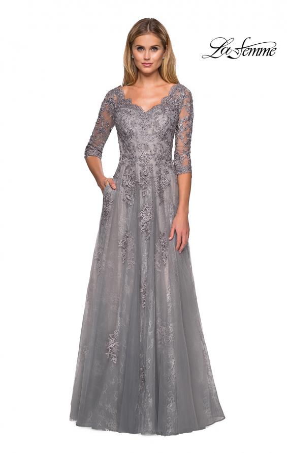 Picture of: Long Lace Gown with Sheer Sleeves and Pockets in Platinum, Style: 26959, Main Picture