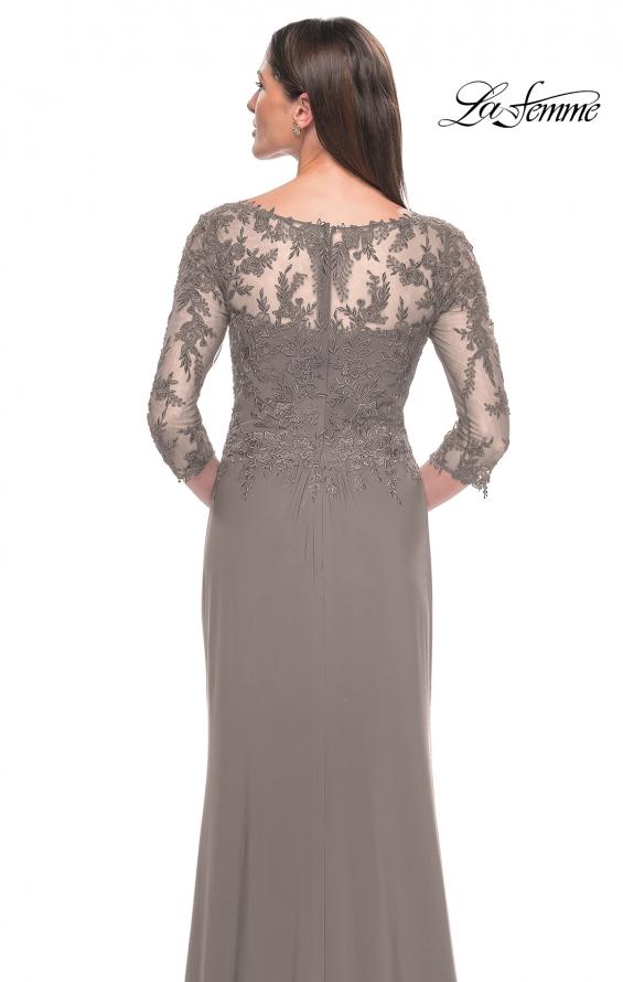 Picture of: Long Evening Gown with Lace Illusion Sleeves and Neckline in Platinum, Style: 30385, Detail Picture 8