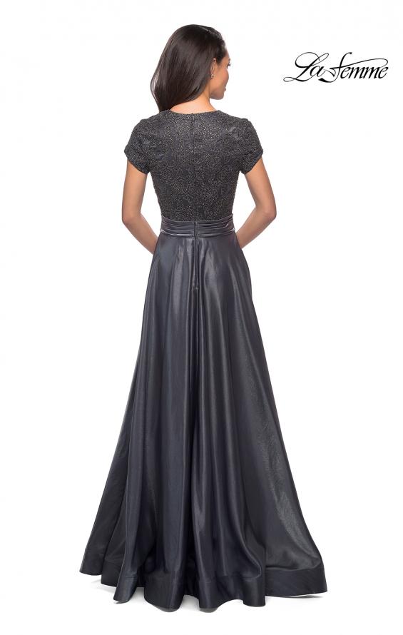 Picture of: Short Sleeve Satin Gown with Embellished Bodice in Platinum, Style: 26447, Back Picture