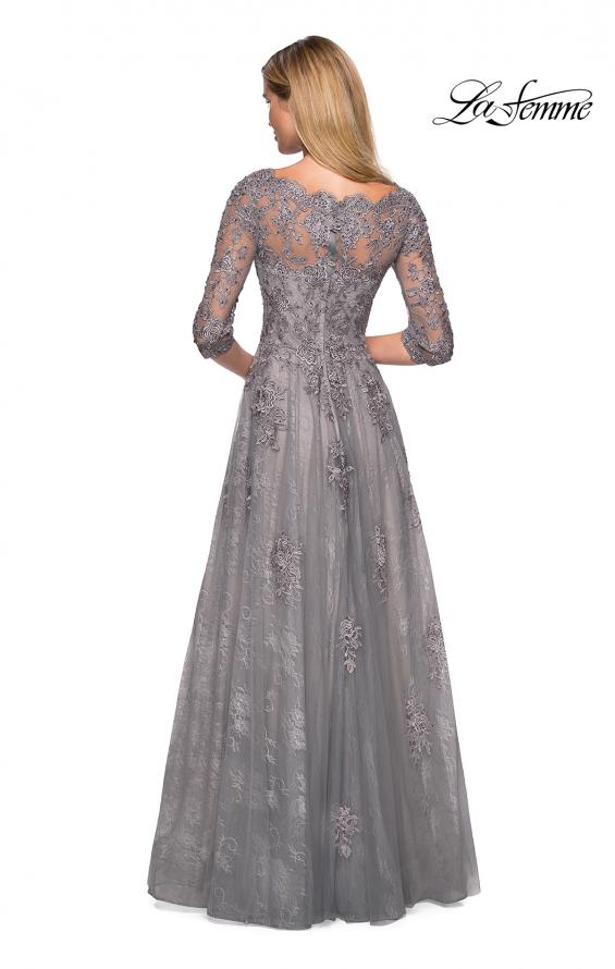 Picture of: Long Lace Gown with Sheer Sleeves and Pockets in Platinum, Style: 26959, Back Picture