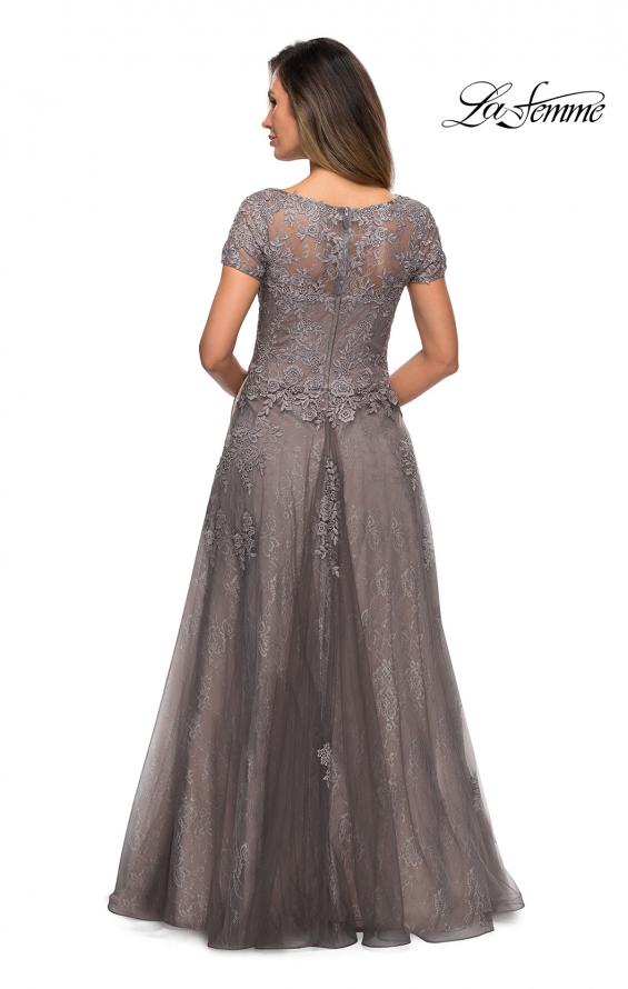 Picture of: A-line Dress with Lace Detail and Sheer Cap Sleeves in Platinum, Style: 28091, Back Picture