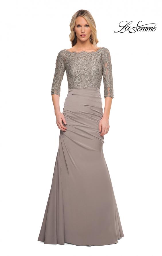 Picture of: Gathered Mermaid Satin Gown with Lace Top in Platinum, Style: 24926, Detail Picture 1