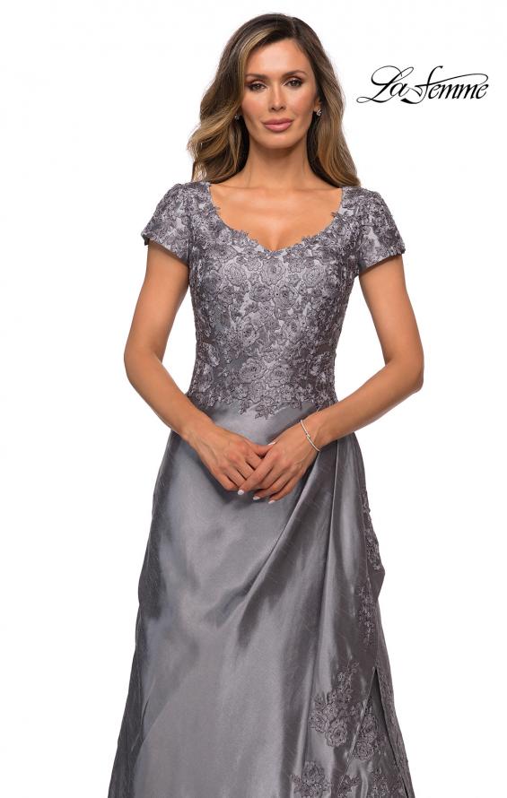 Picture of: V-neck Jersey Floor Length Gown with Short Sleeves in Platinum, Style: 27033, Detail Picture 1