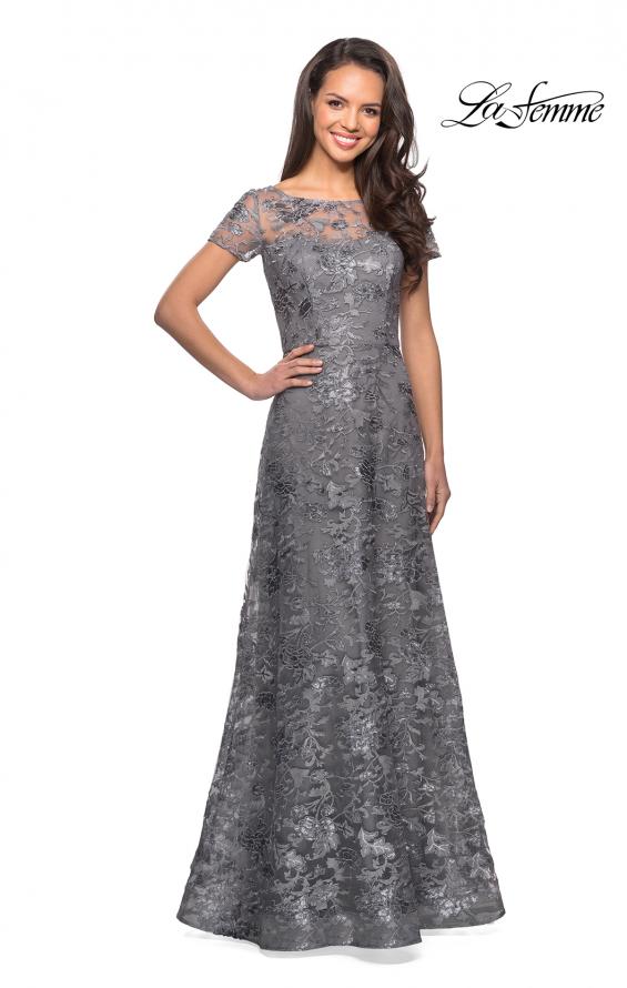 Picture of: Short Sleeve Long Sequin Dress with Sheer Neckline in Platinum, Style: 27839, Detail Picture 1