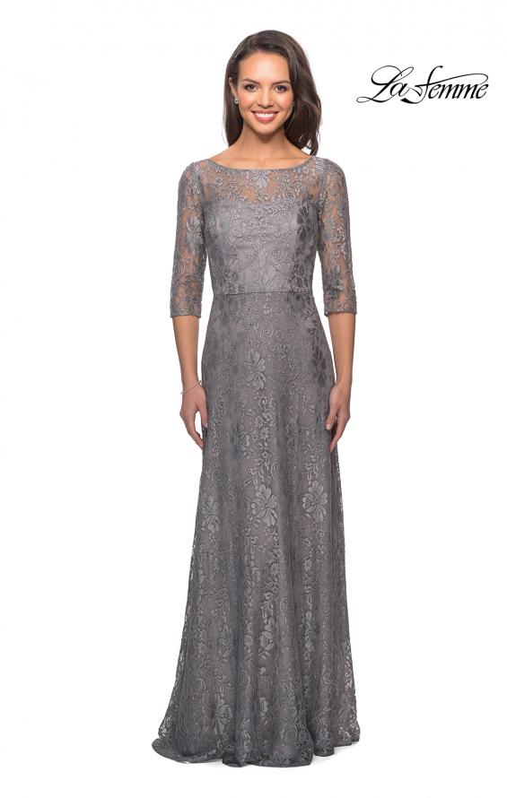 Picture of: Long Lace Dress with Empire Waist and 3/4 Sleeves in Platinum, Style: 27857, Detail Picture 1