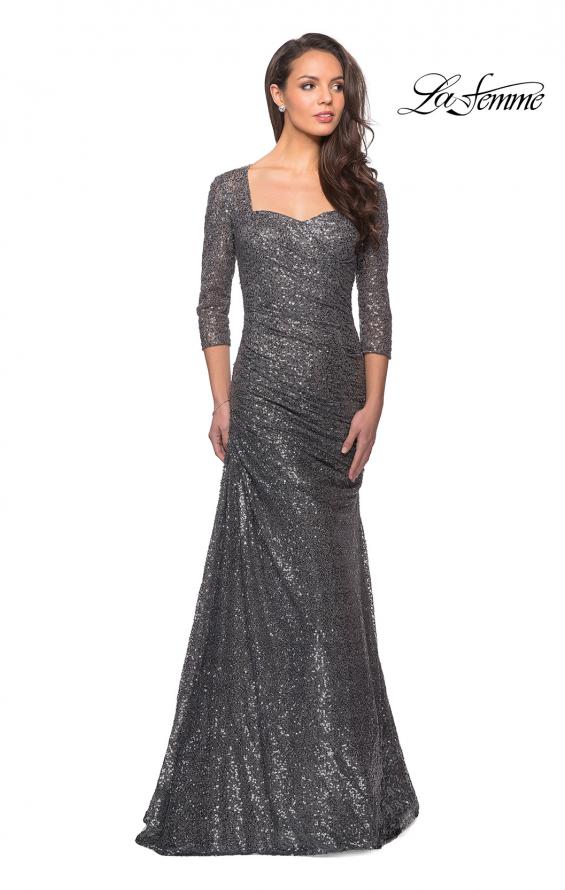 Picture of: Floor Length Sequin Gown wtih Ruching and Sleeves in Platinum, Style: 28065, Detail Picture 1