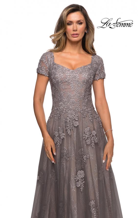 Picture of: A-line Dress with Lace Detail and Sheer Cap Sleeves in Platinum, Style: 28091, Detail Picture 1
