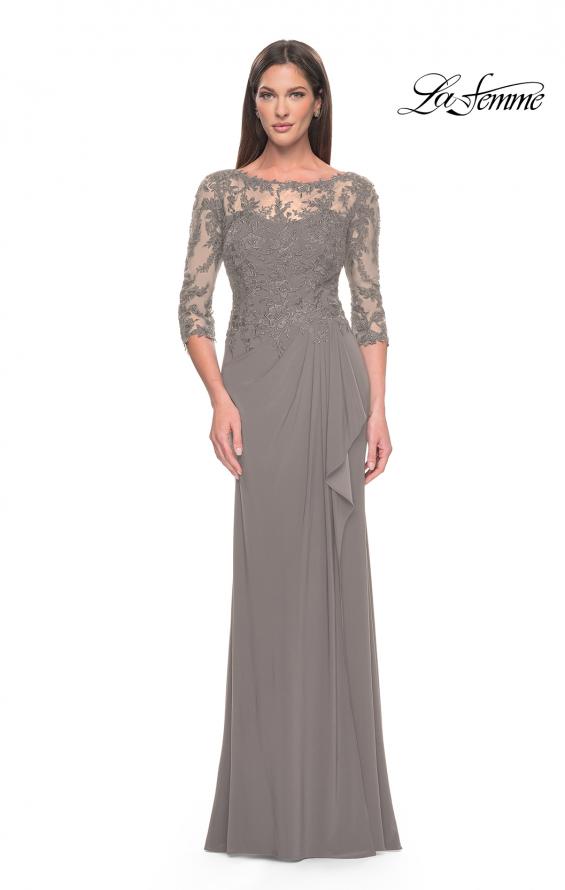 Picture of: Long Evening Gown with Lace Illusion Sleeves and Neckline in Platinum, Style: 30385, Detail Picture 1