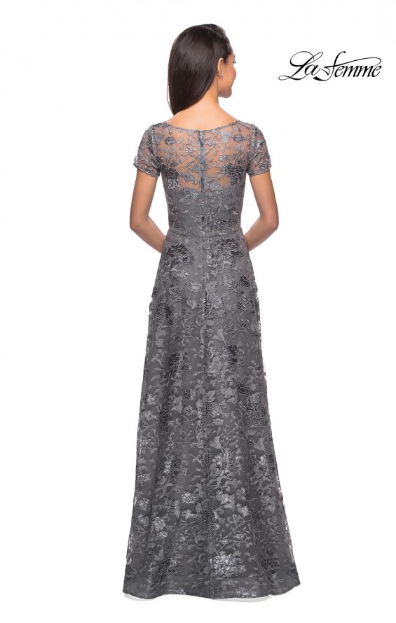 Picture of: Short Sleeve Long Sequin Dress with Sheer Neckline in Platinum, Style: 27839, Detail Picture 2