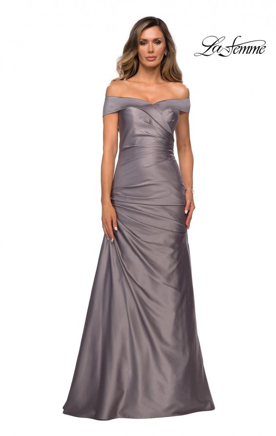 Picture of: Off the Shoulder Satin Evening Dress with Pleating in Platinum, Style: 28103, Detail Picture 2